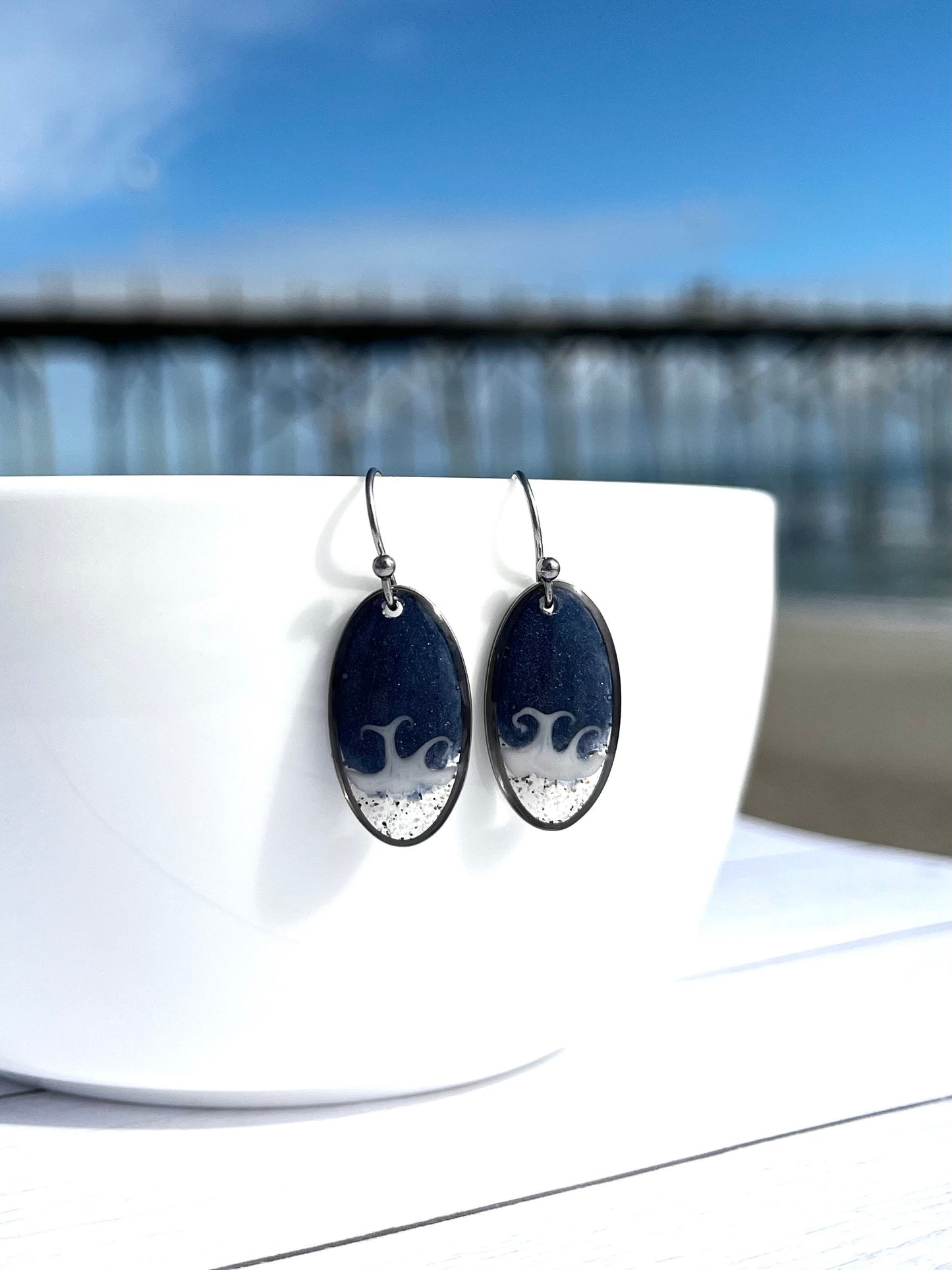 Navy Oval Wave Dangles